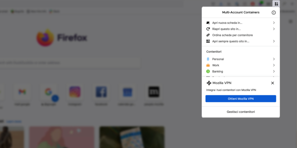 Firefox tarayıcısında farklı hesapları gösteren Containers menüsü