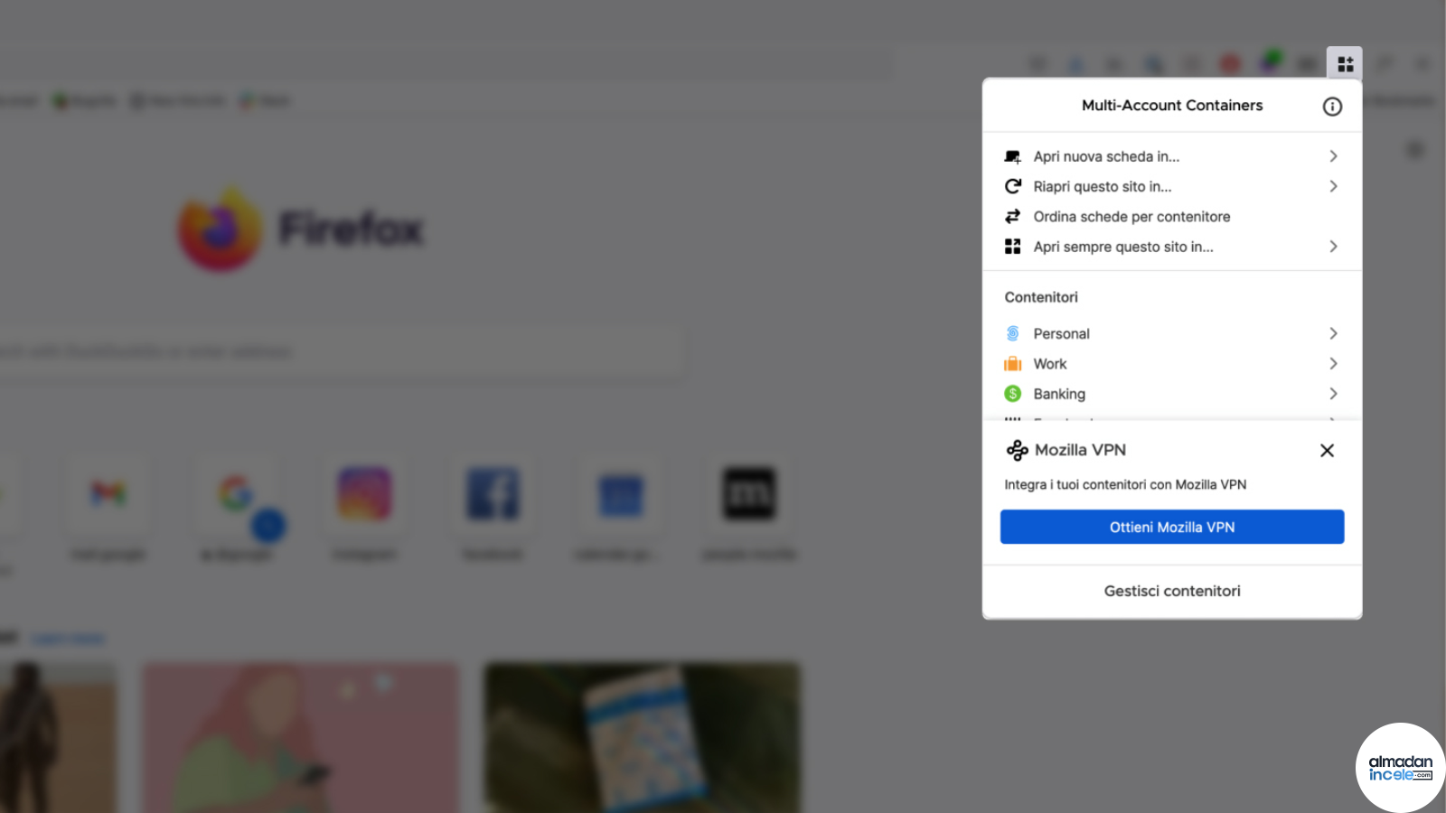 Firefox tarayıcısında farklı hesapları gösteren Containers menüsü