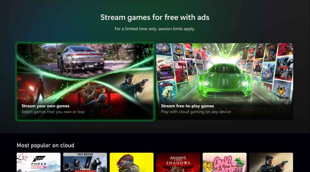 Xbox reklam destekli bulut oyun akışı resmi tanıtım görseli