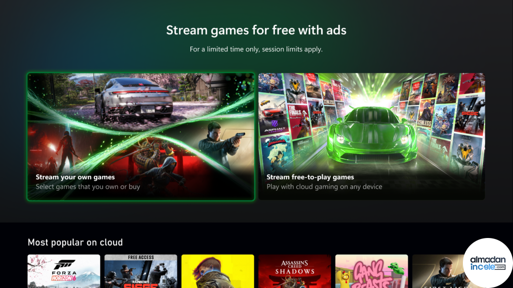 Xbox reklam destekli bulut oyun akışı resmi tanıtım görseli