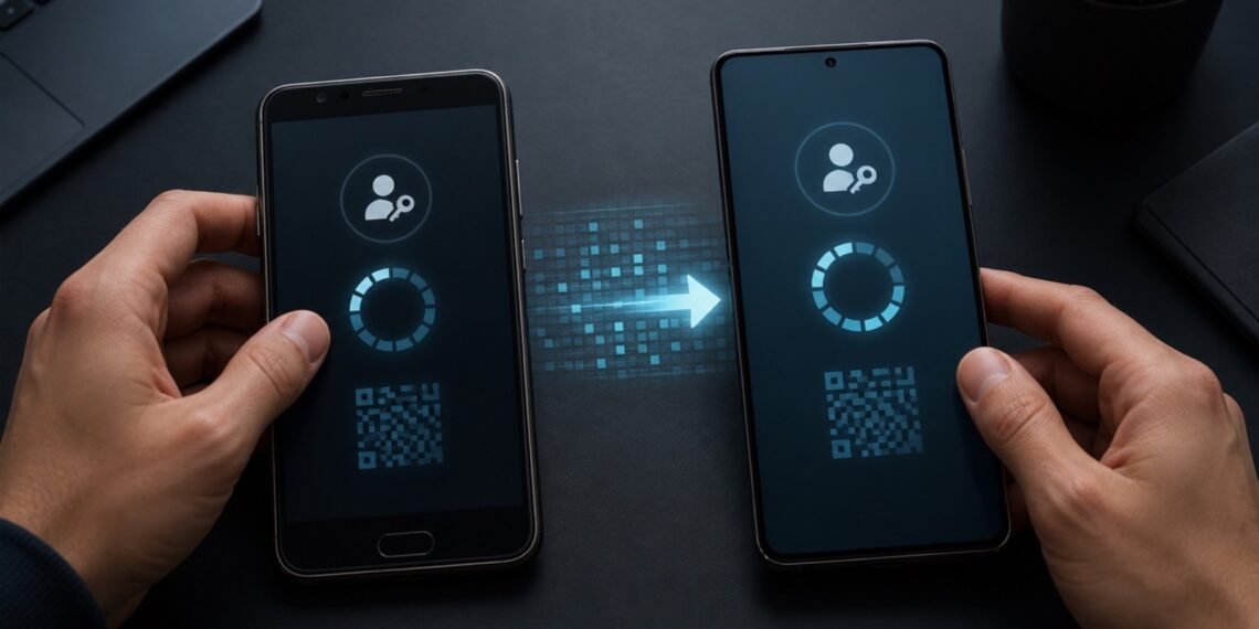 İki Android telefon arasında passkey ve iki aşamalı doğrulama kodlarının güvenli biçimde aktarıldığını gösteren editoryal görsel