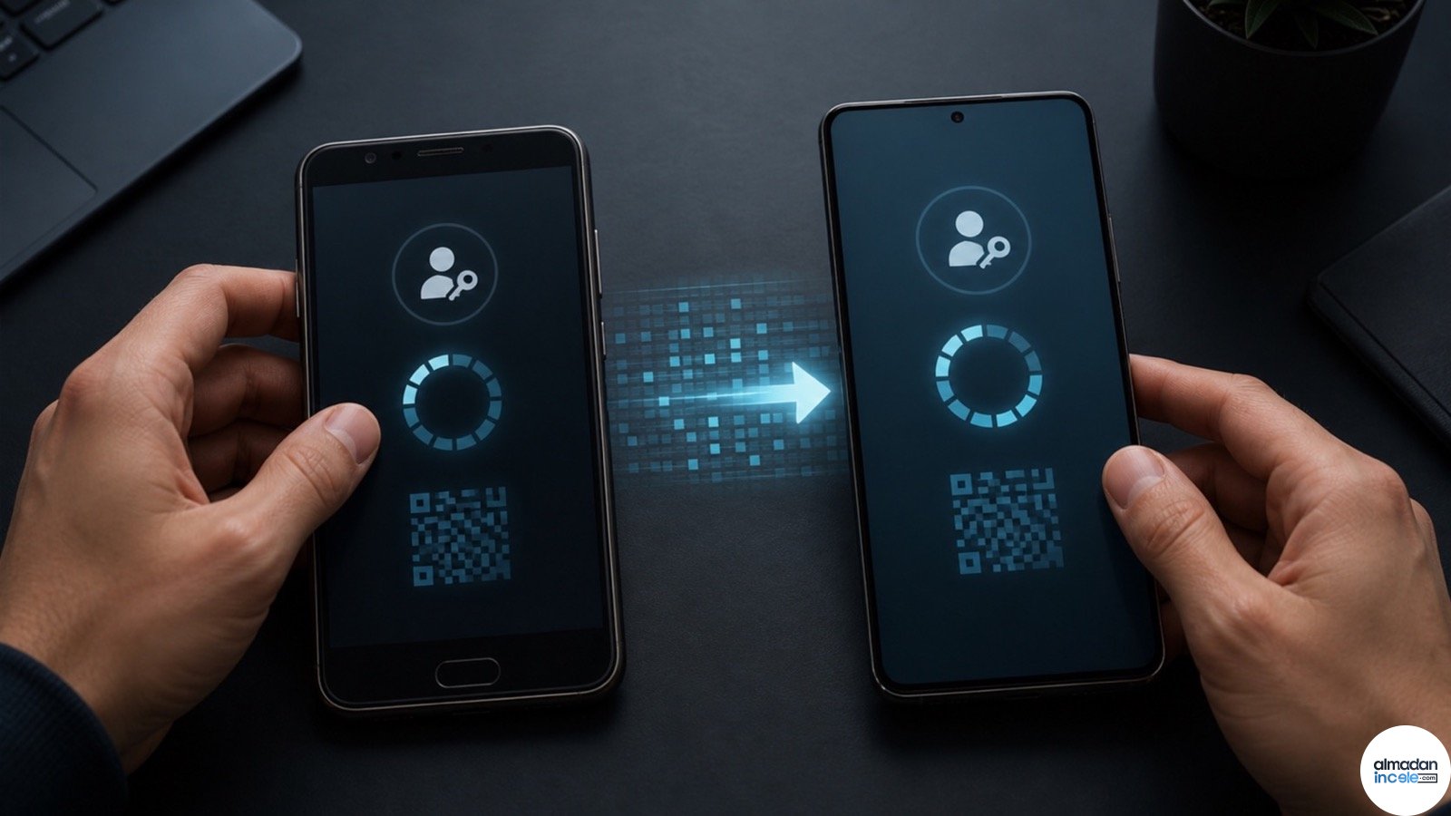 İki Android telefon arasında passkey ve iki aşamalı doğrulama kodlarının güvenli biçimde aktarıldığını gösteren editoryal görsel