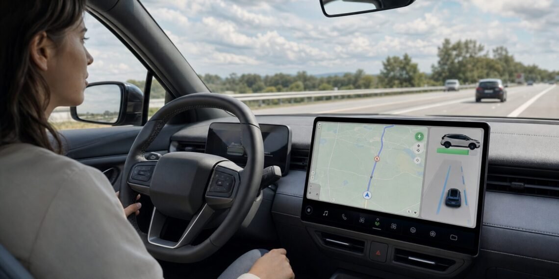 Elektrikli otomobilin araç ekranında şarj rotası ve yerleşik navigasyon