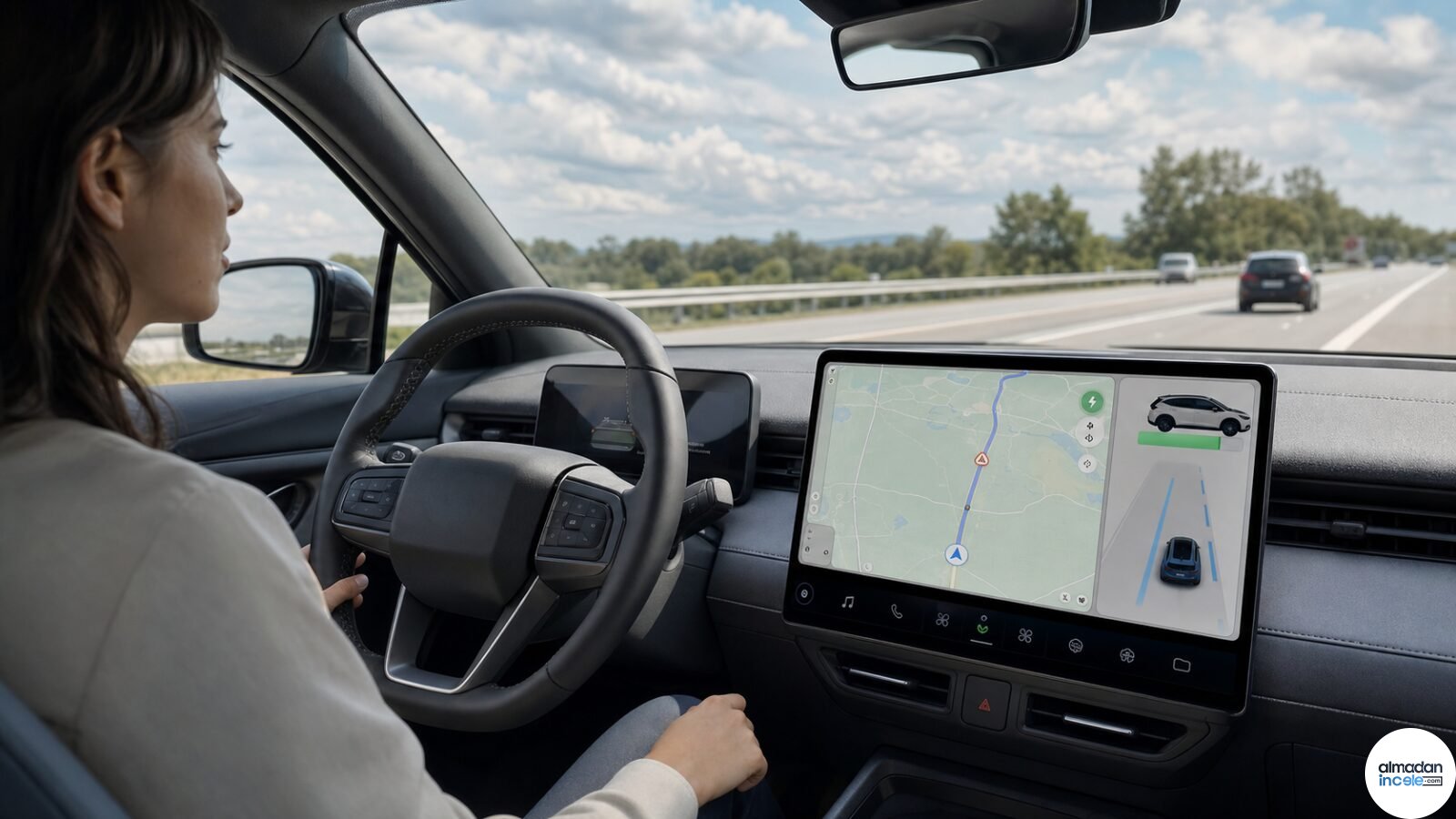 Elektrikli otomobilin araç ekranında şarj rotası ve yerleşik navigasyon
