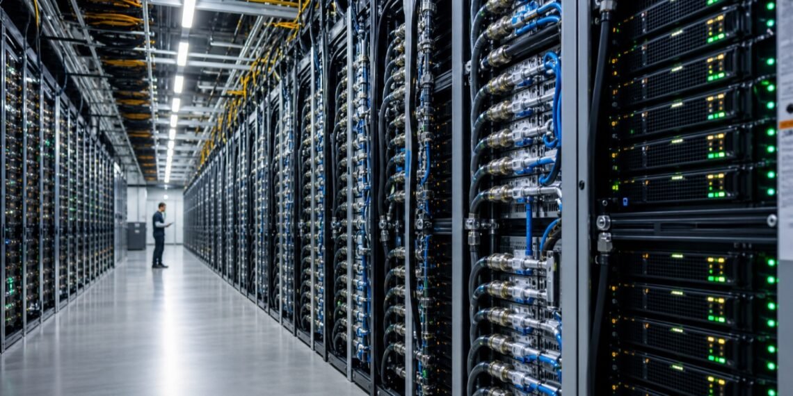 Sıvı soğutma boruları ve GPU sunucu rafları bulunan büyük yapay zekâ veri merkezi
