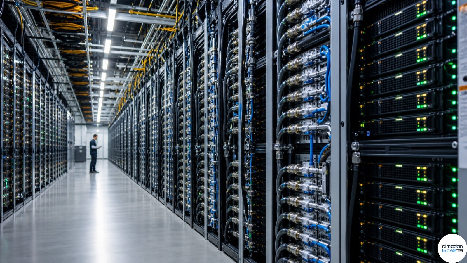 Sıvı soğutma boruları ve GPU sunucu rafları bulunan büyük yapay zekâ veri merkezi