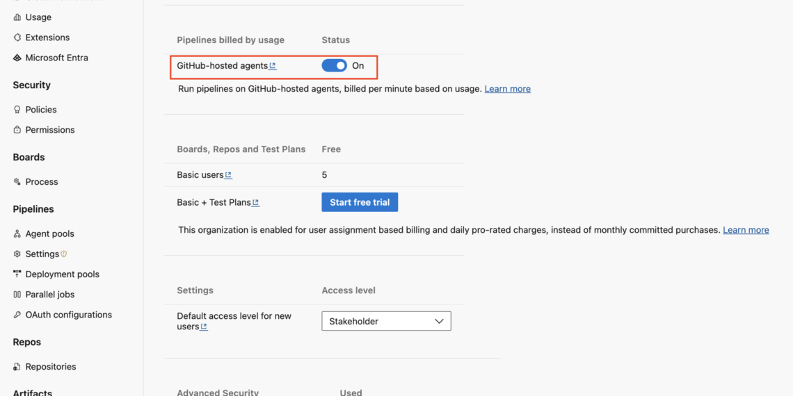 Azure DevOps ayarlarında GitHub-hosted agents dakika bazlı kullanım seçeneği açık ekran görüntüsü