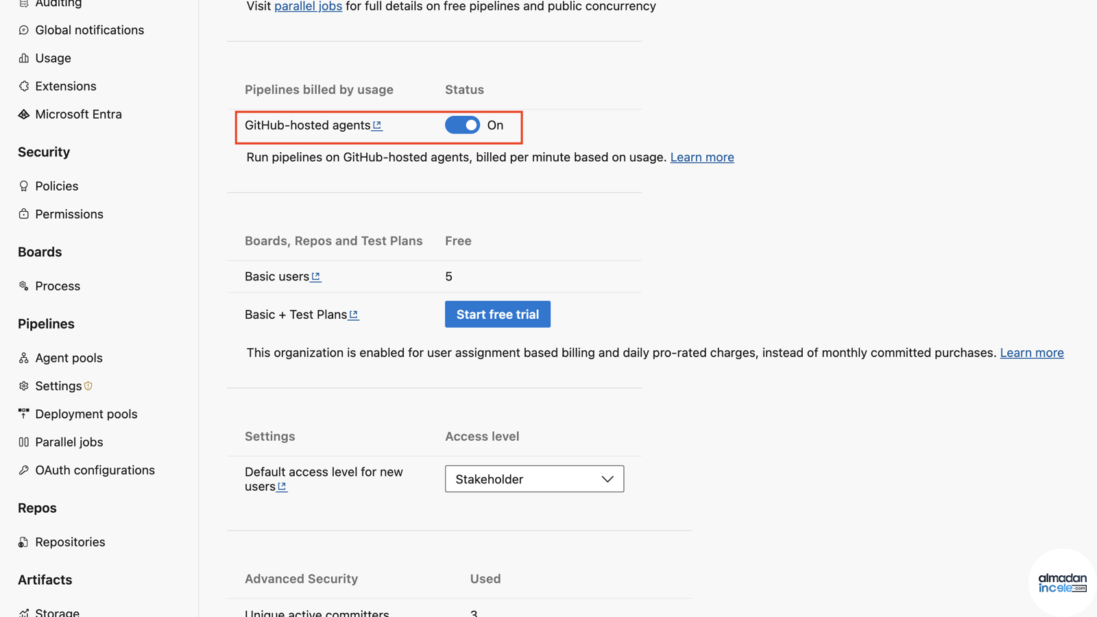 Azure DevOps ayarlarında GitHub-hosted agents dakika bazlı kullanım seçeneği açık ekran görüntüsü
