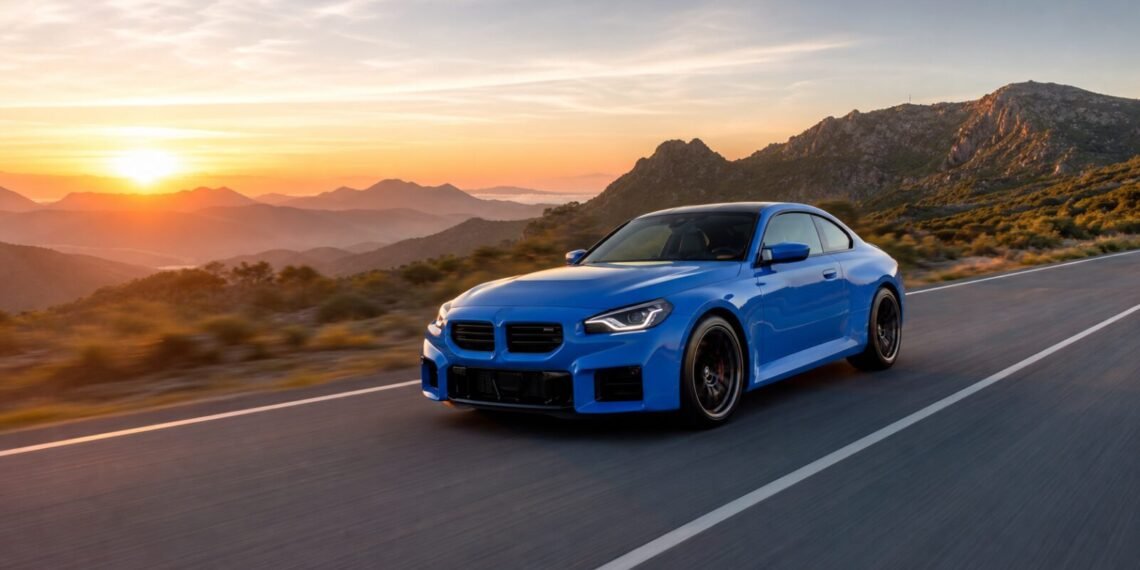 Gün doğumunda dağ yolunda ilerleyen mavi BMW M2 xDrive tarzı spor otomobil