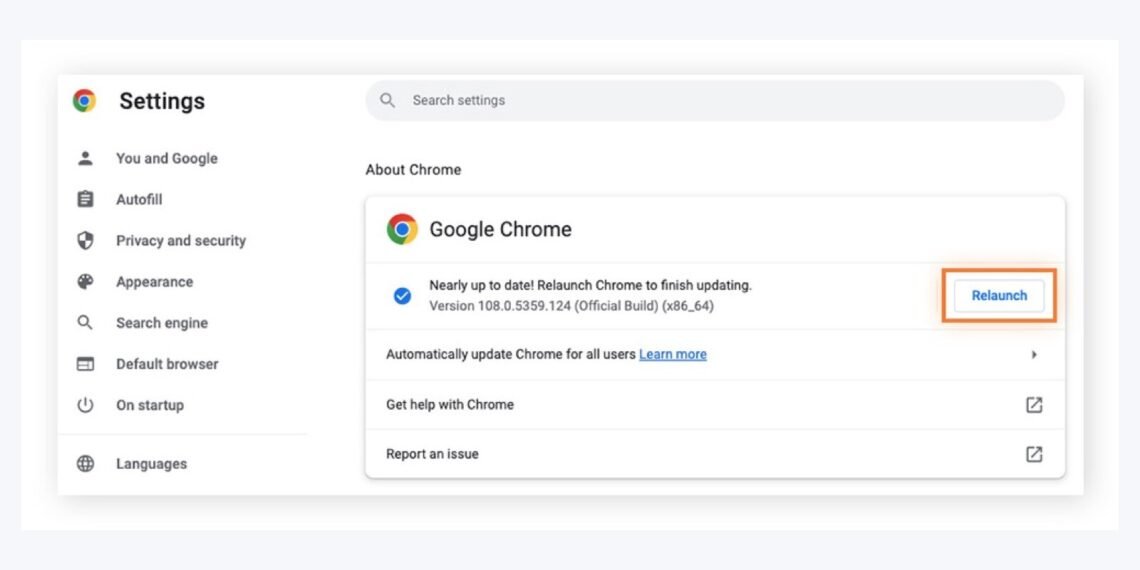 Google Chrome Hakkında ayar ekranında güncelleme tamamlamak için Relaunch düğmesi