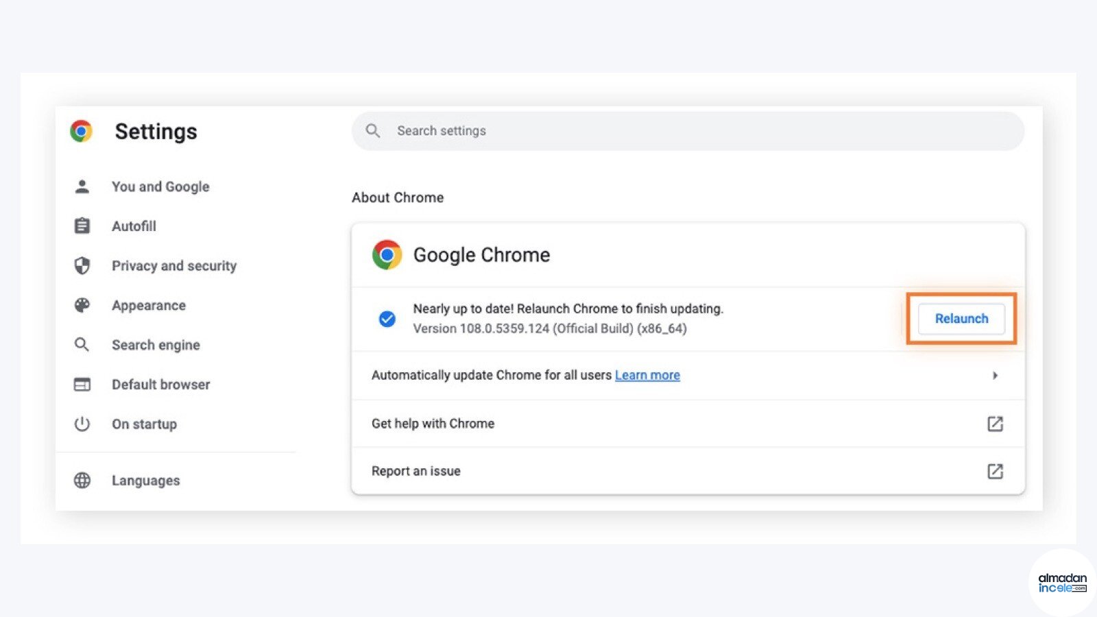 Google Chrome Hakkında ayar ekranında güncelleme tamamlamak için Relaunch düğmesi