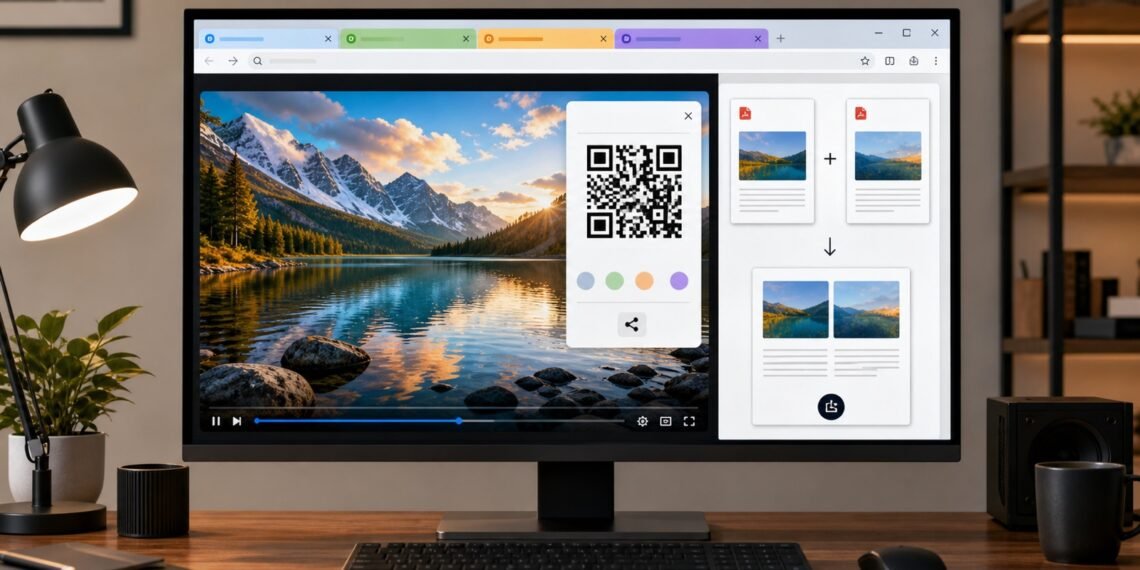 Bilgisayar ekranında HDR video, renkli sekme konteynerleri, QR paylaşımı ve PDF birleştirme arayüzü