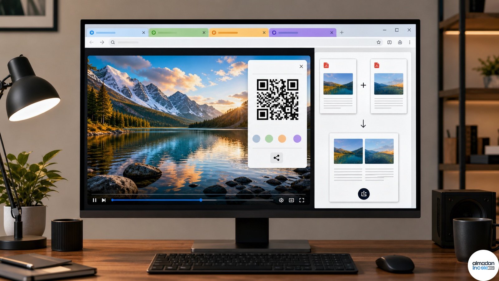 Bilgisayar ekranında HDR video, renkli sekme konteynerleri, QR paylaşımı ve PDF birleştirme arayüzü