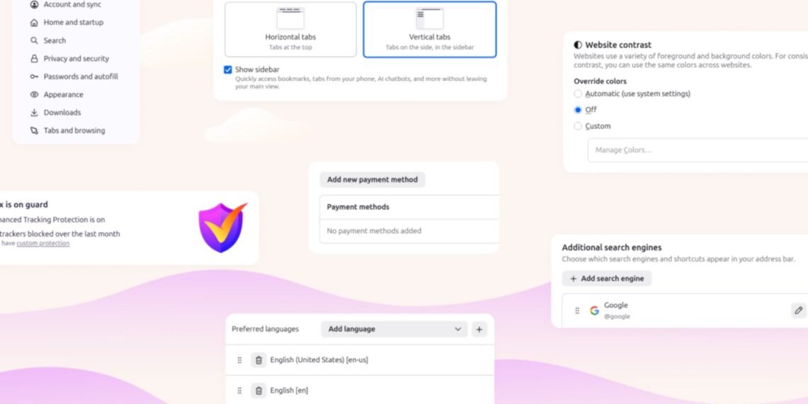 Dizüstü bilgisayarda açık Firefox tarayıcı ayar ve sekme arayüzü