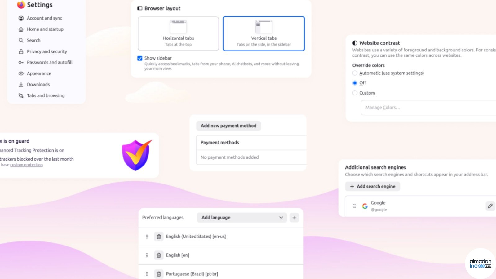 Dizüstü bilgisayarda açık Firefox tarayıcı ayar ve sekme arayüzü