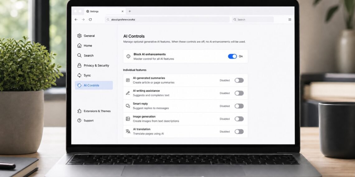 Dizüstü bilgisayar ekranında AI Controls paneli ve açık Block AI enhancements anahtarı