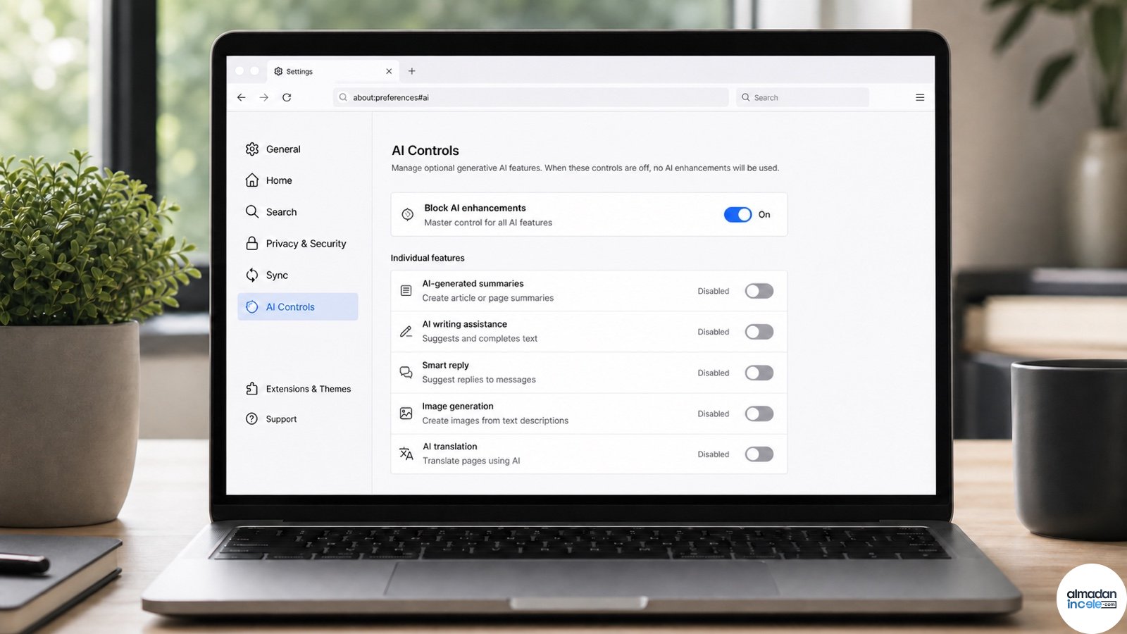 Dizüstü bilgisayar ekranında AI Controls paneli ve açık Block AI enhancements anahtarı