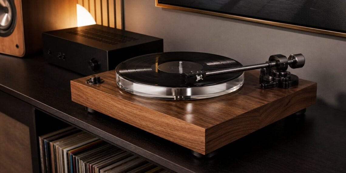 Ahşap müzik konsolu üzerinde Fluance RT87 tarzı akrilik tablalı pikap