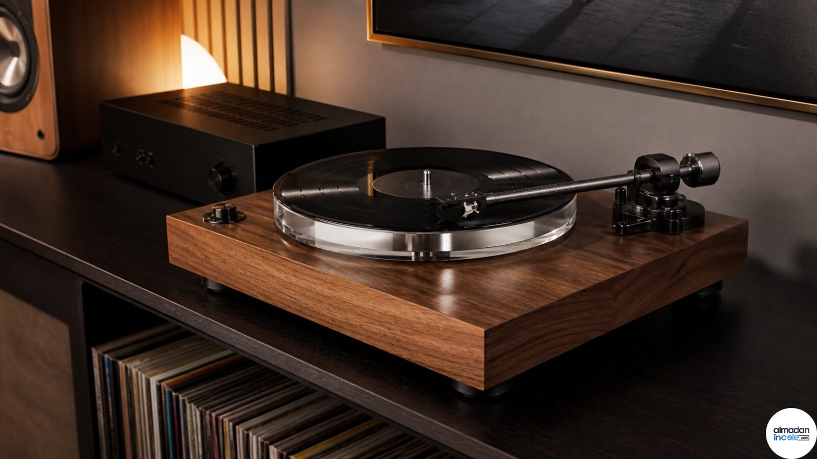 Ahşap müzik konsolu üzerinde Fluance RT87 tarzı akrilik tablalı pikap
