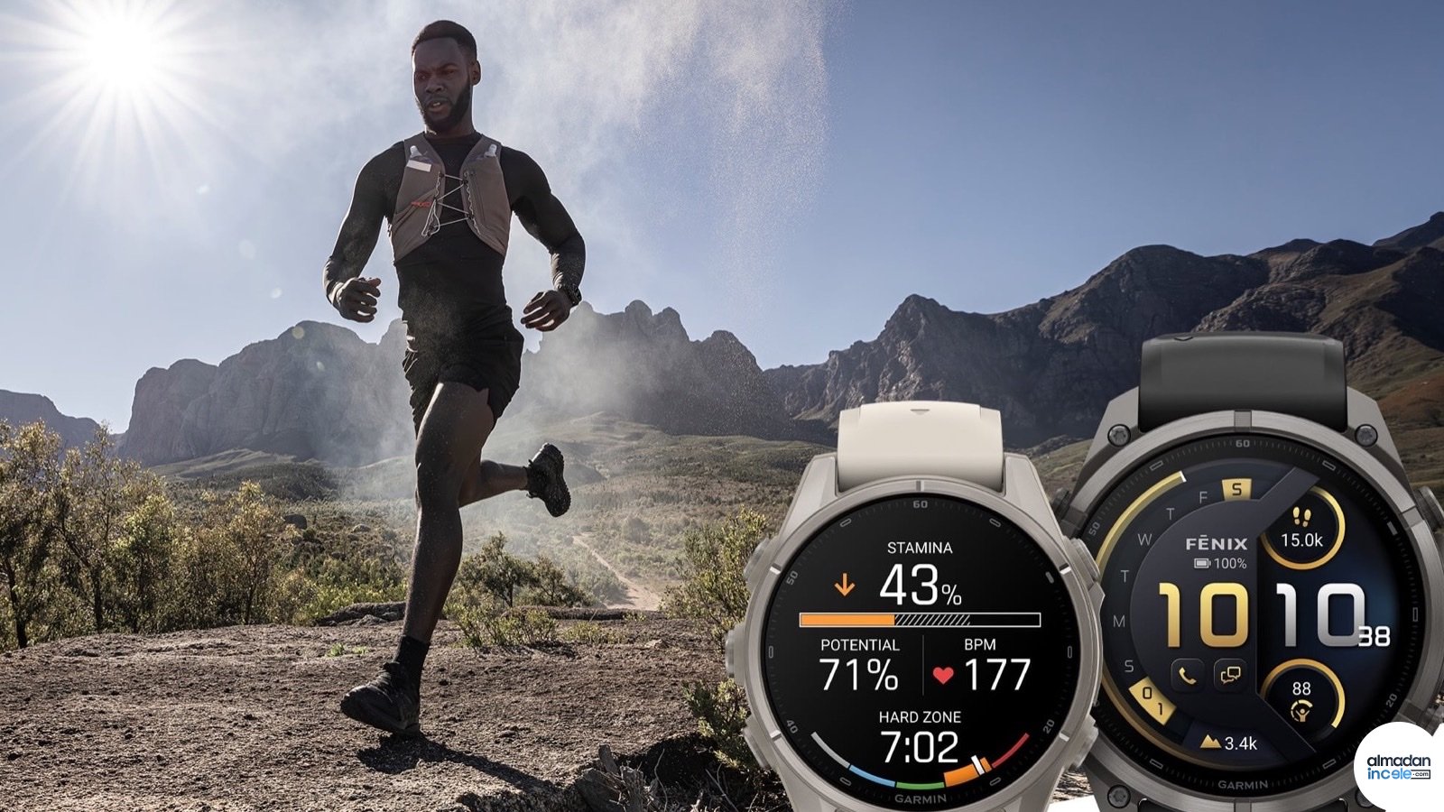 Dağlık arazide koşucu ile iki Garmin fēnix 9 akıllı saati