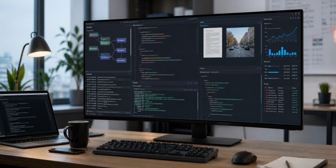 Geniş monitörde kod editörü, iş akışı düğümleri, belge, görsel ve performans paneli bulunan geliştirme masası
