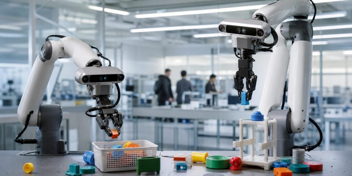 Laboratuvarda renkli parçaları birlikte düzenleyen iki gelişmiş robot kolu
