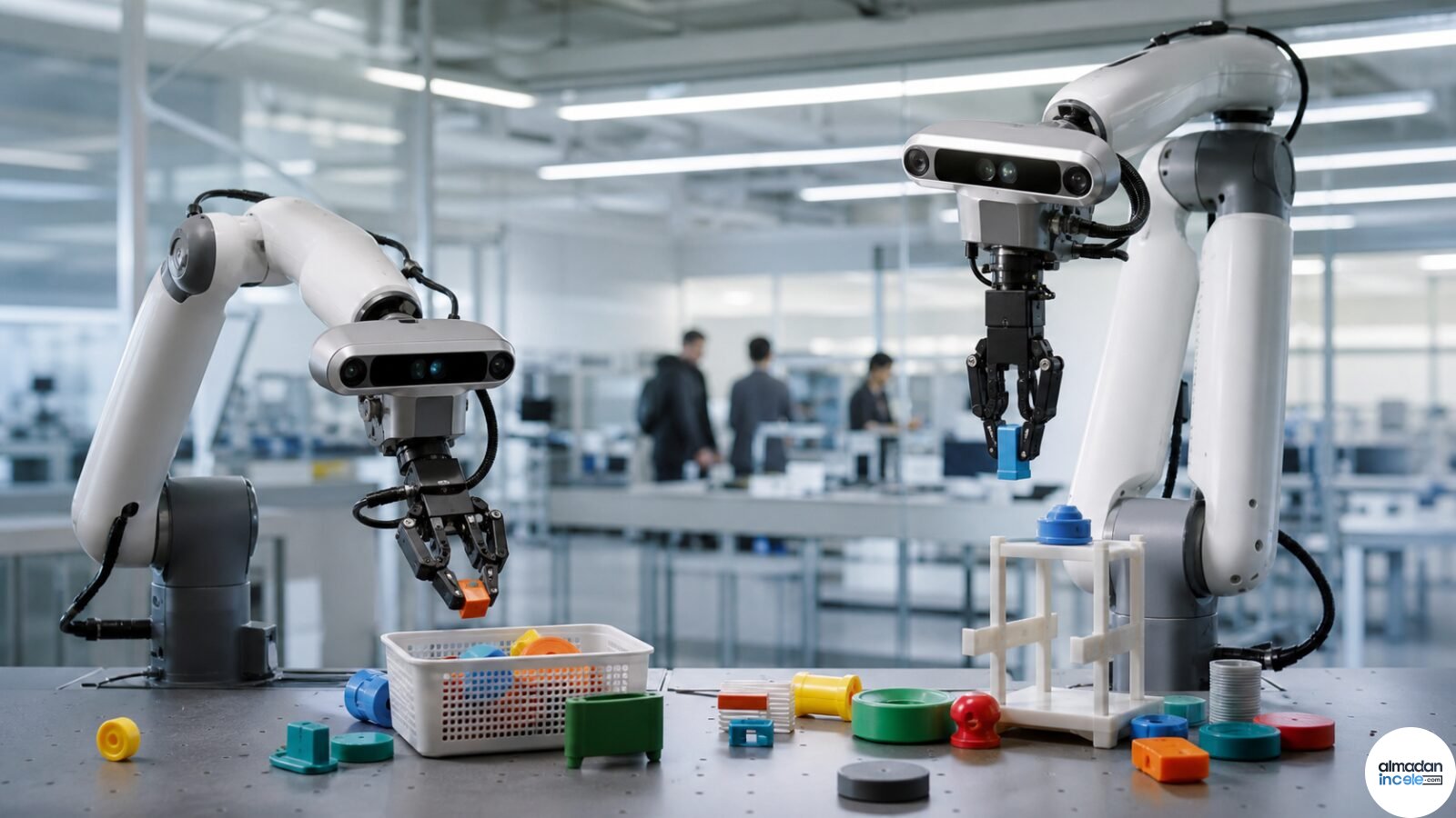 Laboratuvarda renkli parçaları birlikte düzenleyen iki gelişmiş robot kolu