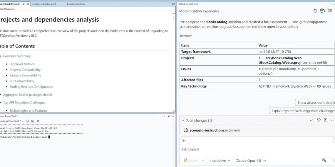 Visual Studio içinde .NET 10 hedefli proje ve bağımlılık analizi gösteren GitHub Copilot Modernization ekranı