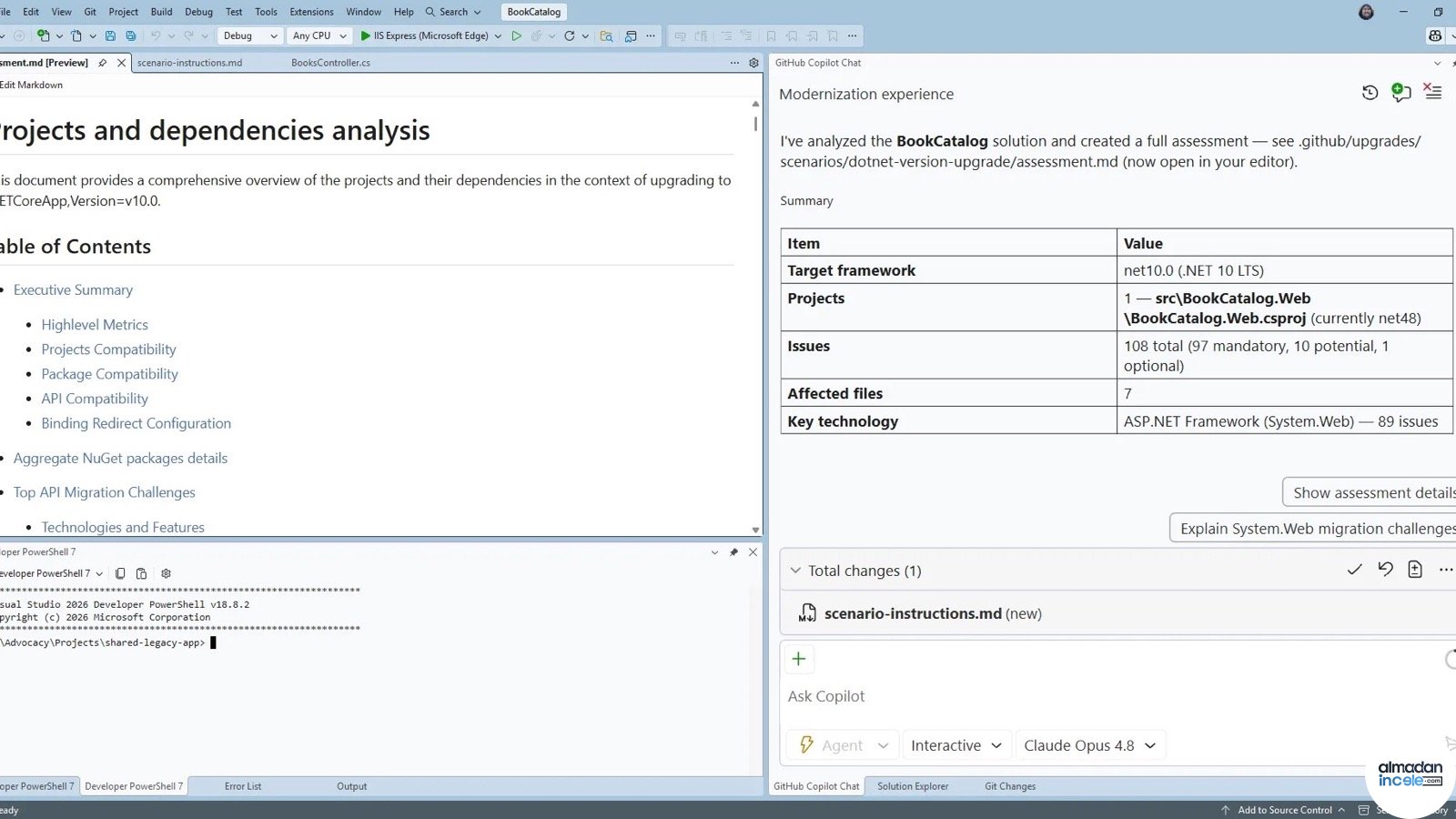 Visual Studio içinde .NET 10 hedefli proje ve bağımlılık analizi gösteren GitHub Copilot Modernization ekranı