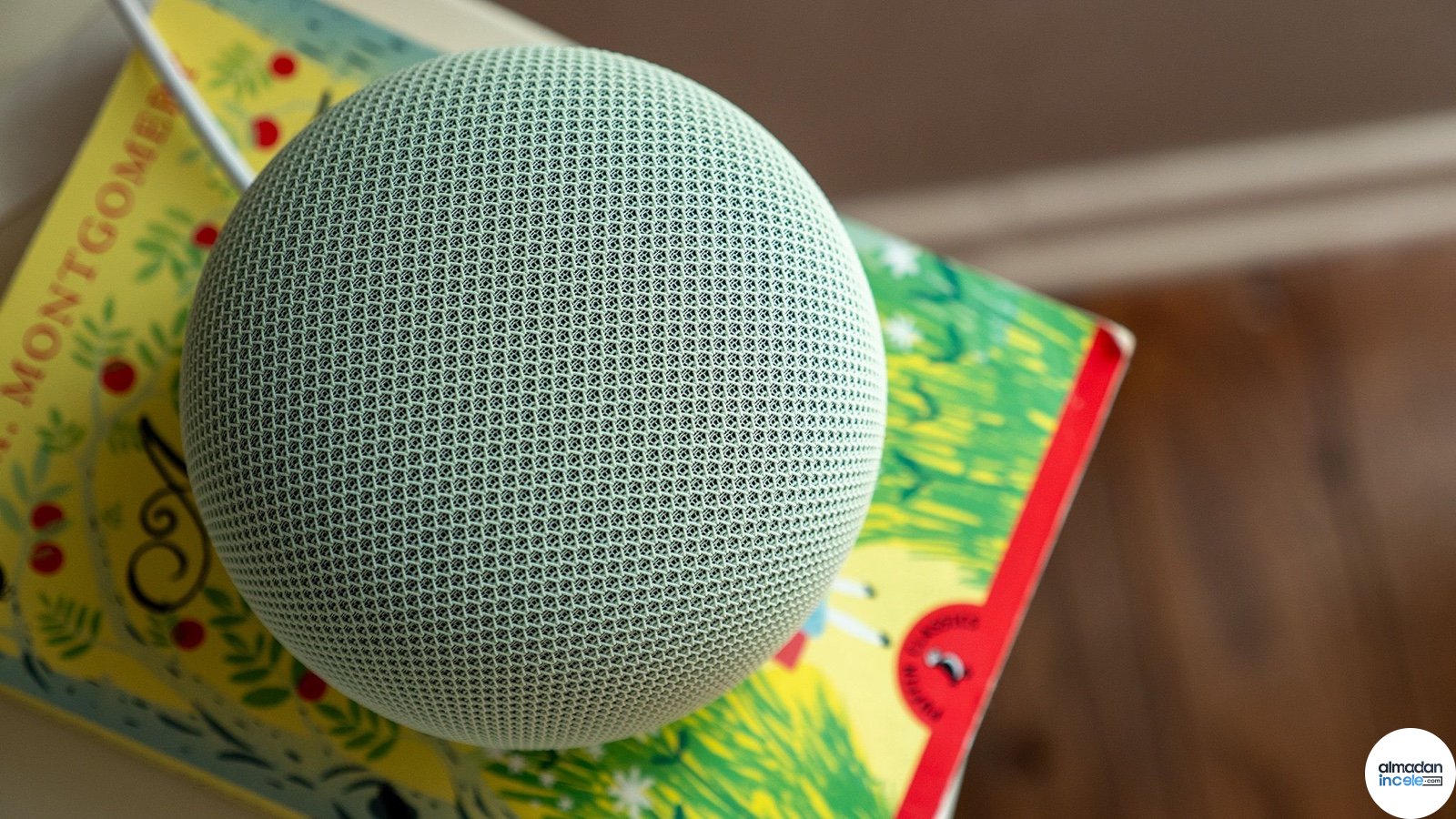 Kitapların üzerinde duran yeşil kumaş kaplı Google Home Speaker akıllı hoparlör