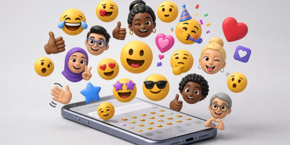 Telefonun üzerinde farklı yüz, el ve kalp biçimlerinde renkli üç boyutlu emojiler