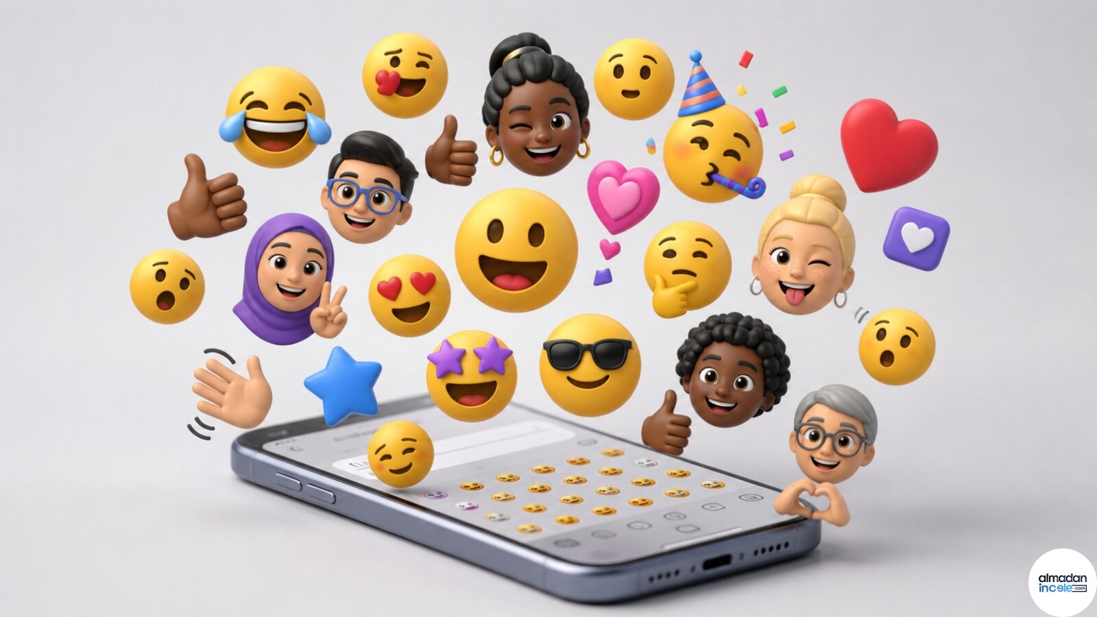 Telefonun üzerinde farklı yüz, el ve kalp biçimlerinde renkli üç boyutlu emojiler