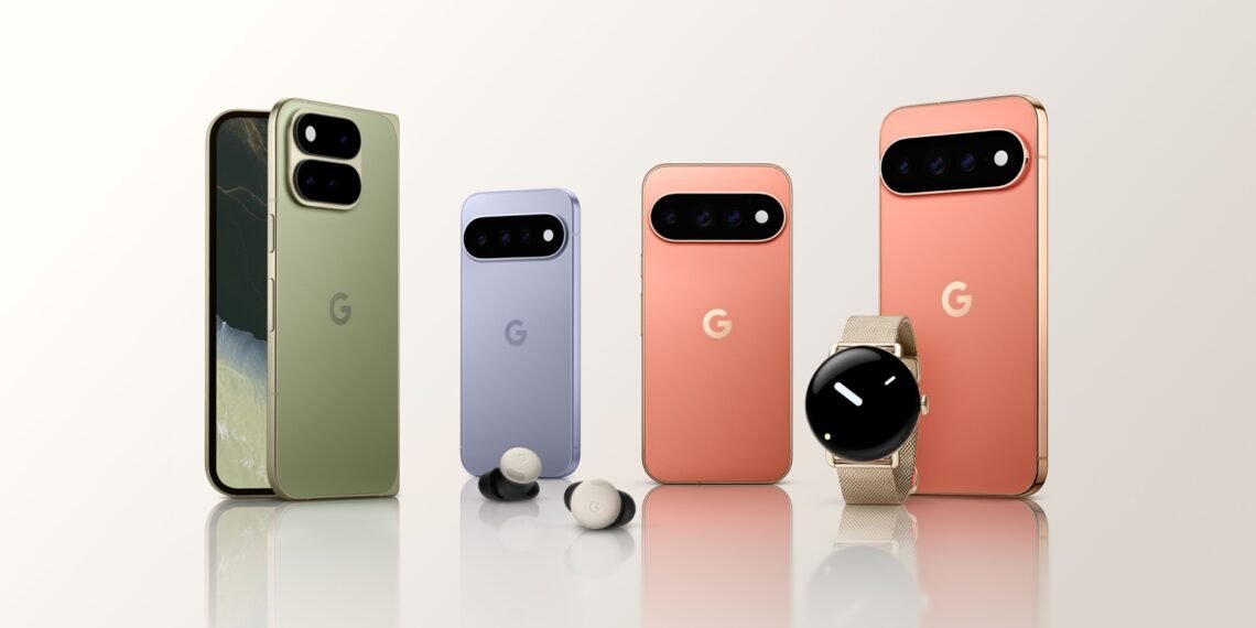 Yeşil, mor ve mercan tonlarında Google Pixel 11 telefonların profesyonel ürün görseli