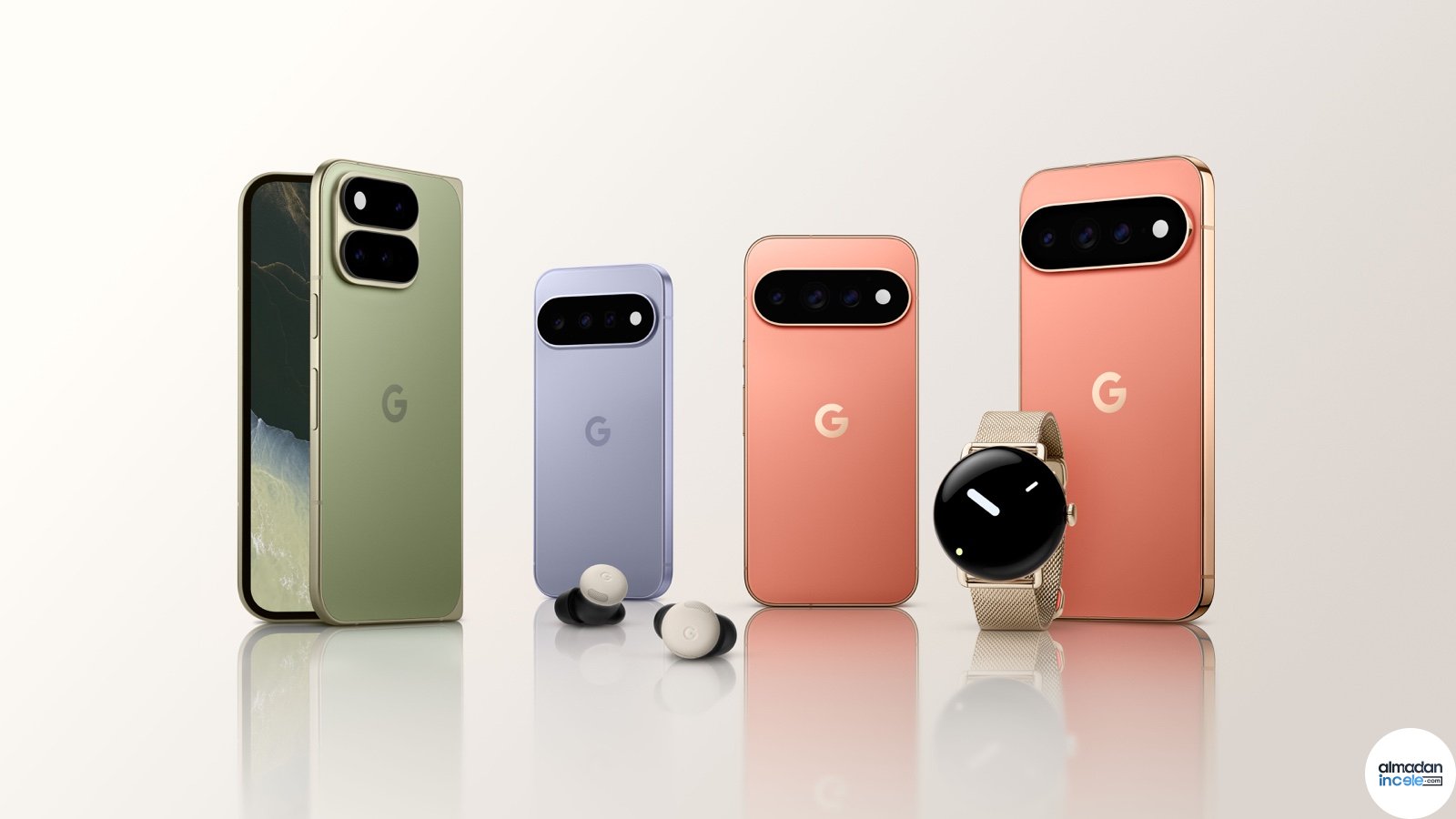 Yeşil, mor ve mercan tonlarında Google Pixel 11 telefonların profesyonel ürün görseli