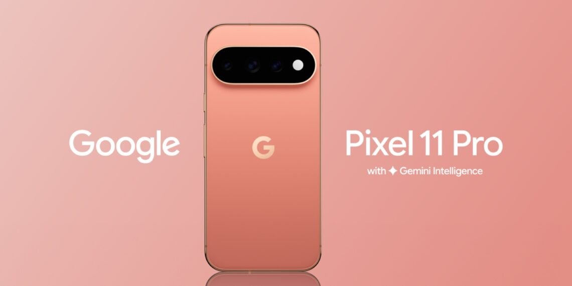 Mercan renkli Google Pixel 11 Pro telefonun ön ve arka görünümü