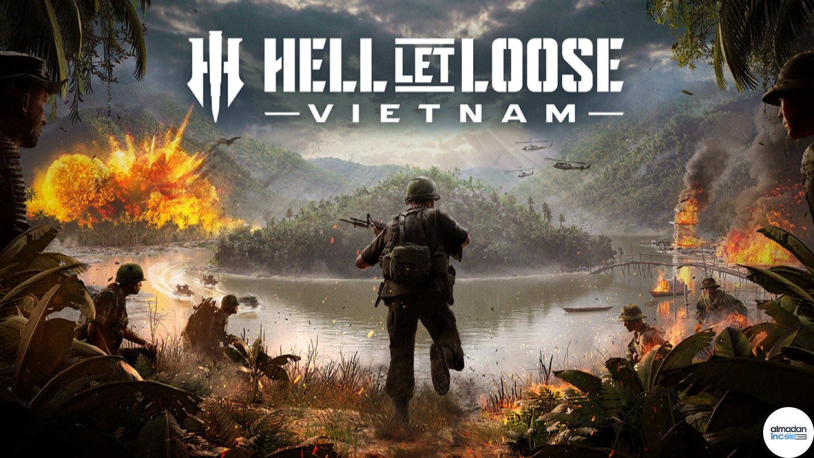 Hell Let Loose Vietnam oyununda askerler ve helikopterlerin yer aldığı savaş sahnesi