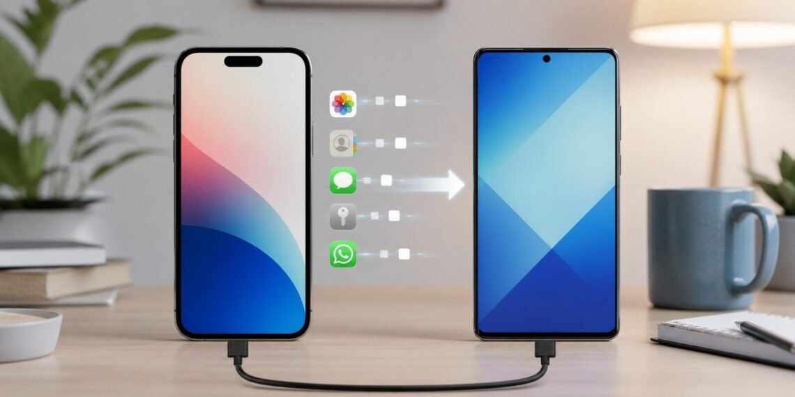 Kabloyla bağlı iPhone tarzı telefon ile Android telefon arasında veri aktarımı