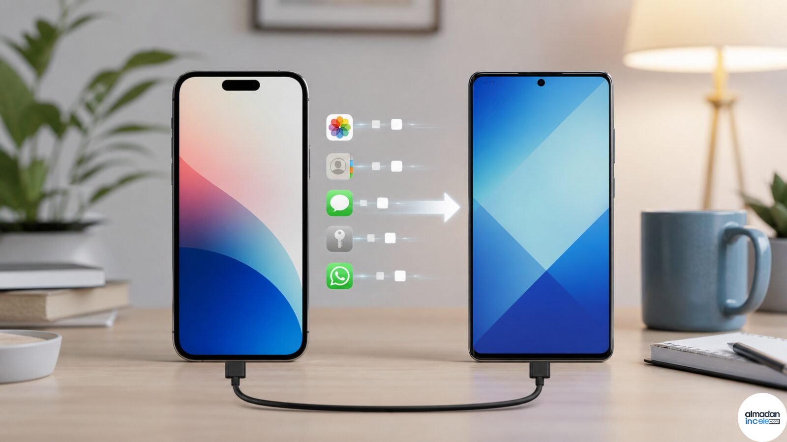 Kabloyla bağlı iPhone tarzı telefon ile Android telefon arasında veri aktarımı