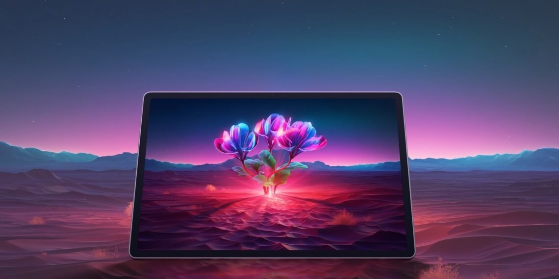 Renkli çöl sahnesi önünde yatay duran Lenovo Tab Plus Gen 2 tablet