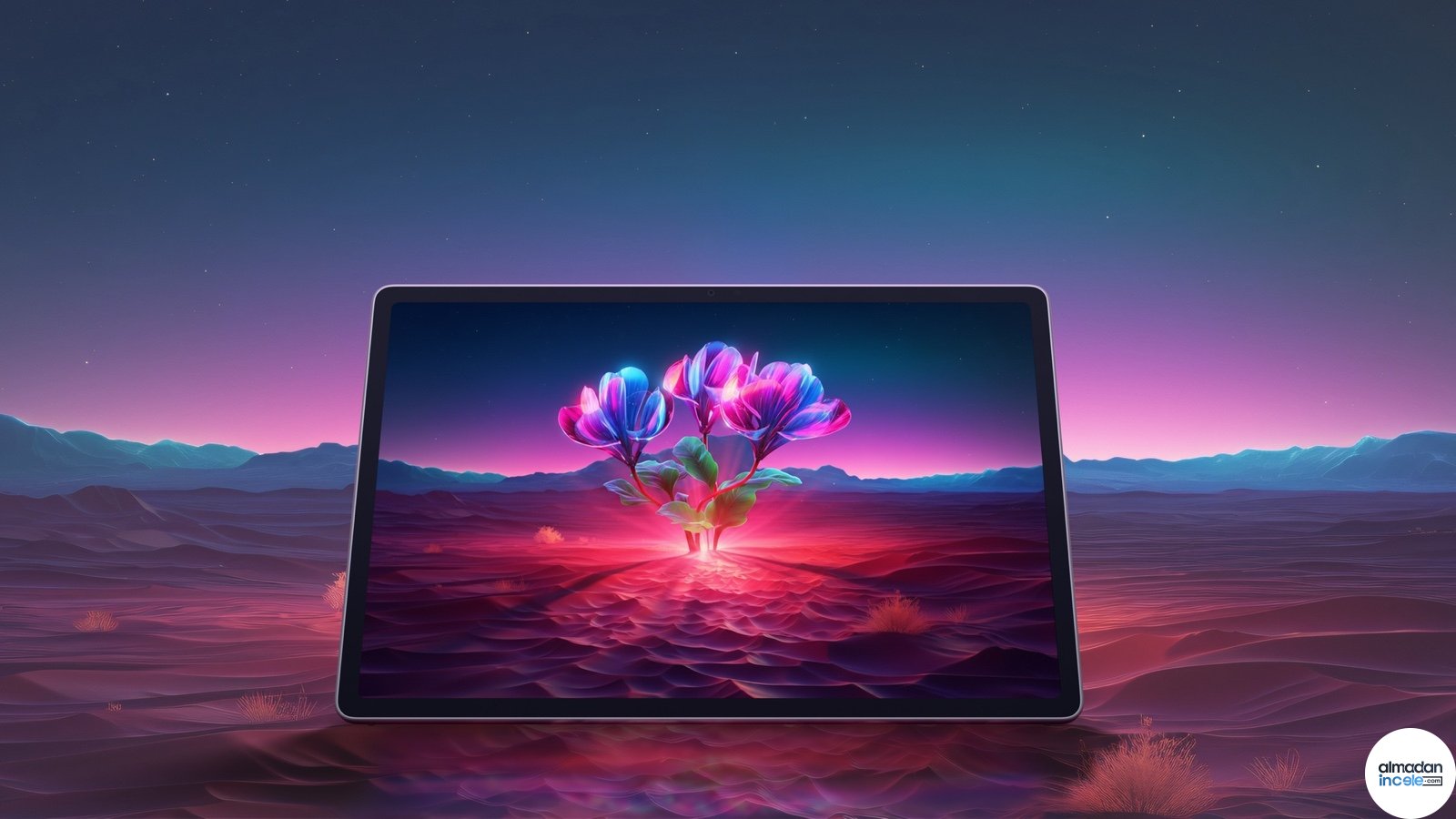 Renkli çöl sahnesi önünde yatay duran Lenovo Tab Plus Gen 2 tablet