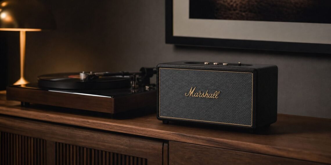 Ahşap konsol üzerinde siyah Marshall Stanmore IV hoparlör ve pikap