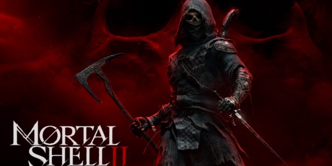 Kırmızı kafatası fonu önünde baltalı karanlık zırhlı Mortal Shell II savaşçısı