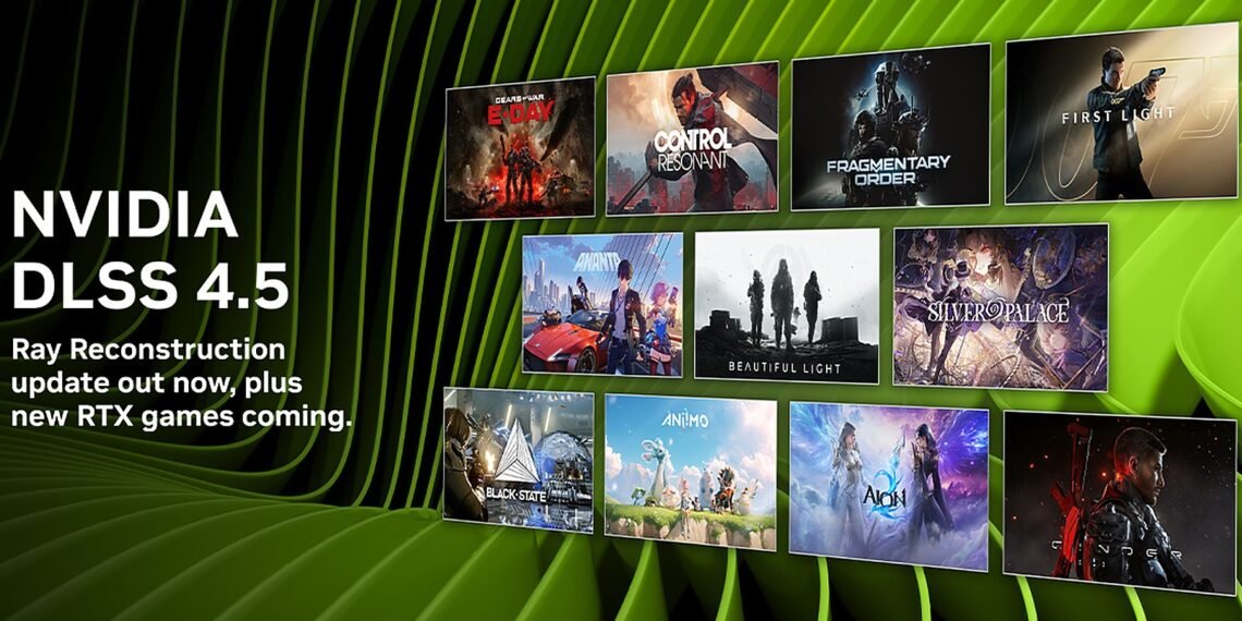 DLSS 4.5 Ray Reconstruction yazısı ve desteklenen RTX oyunlarının resmi Gamescom görseli