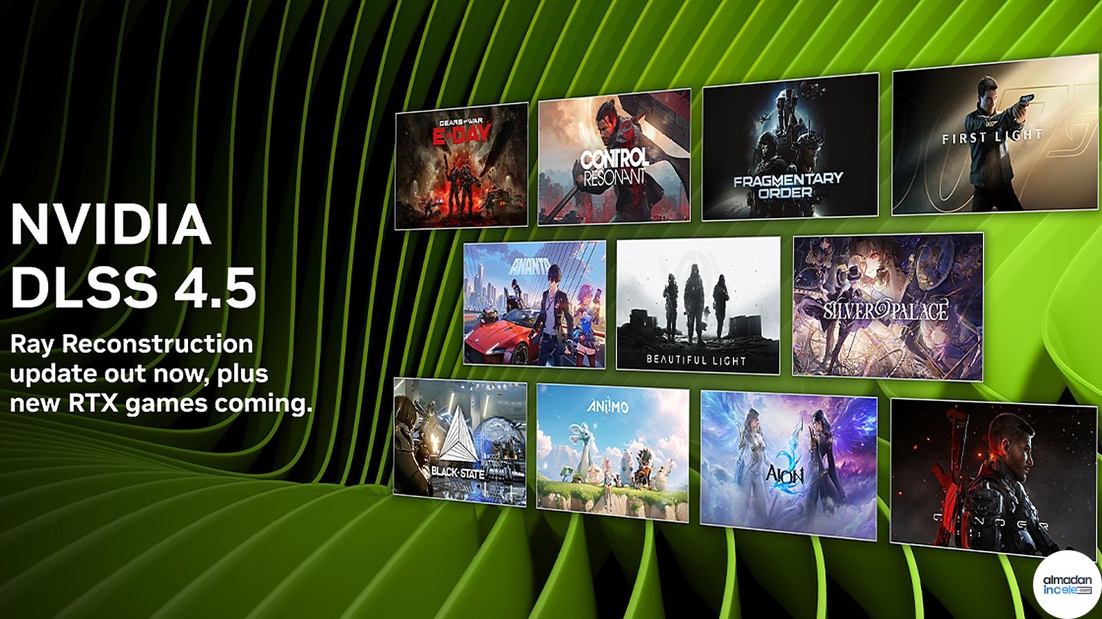 DLSS 4.5 Ray Reconstruction yazısı ve desteklenen RTX oyunlarının resmi Gamescom görseli