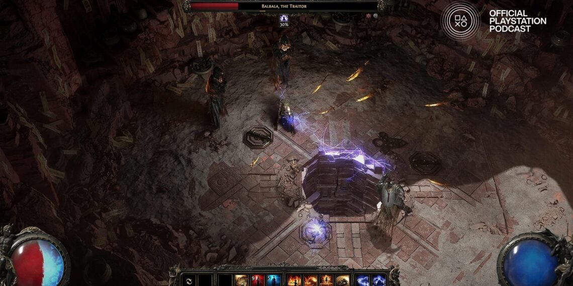 Path of Exile 2 oyununda karanlık bir arenada büyü kullanan karakterin resmi oynanış görüntüsü