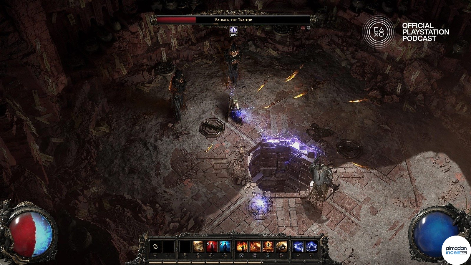 Path of Exile 2 oyununda karanlık bir arenada büyü kullanan karakterin resmi oynanış görüntüsü
