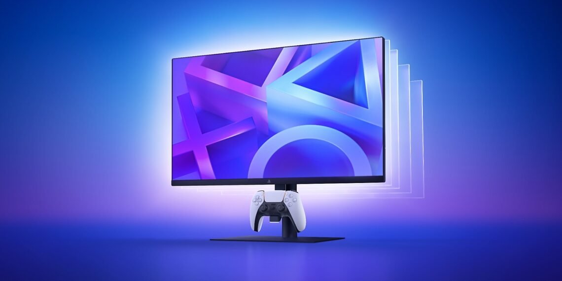 Mavi fonda PlayStation 27 inç oyuncu monitörü ve askıda DualSense kontrolcü