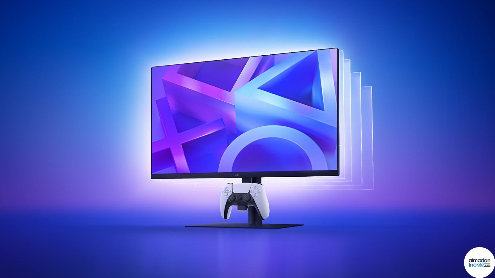 Mavi fonda PlayStation 27 inç oyuncu monitörü ve askıda DualSense kontrolcü