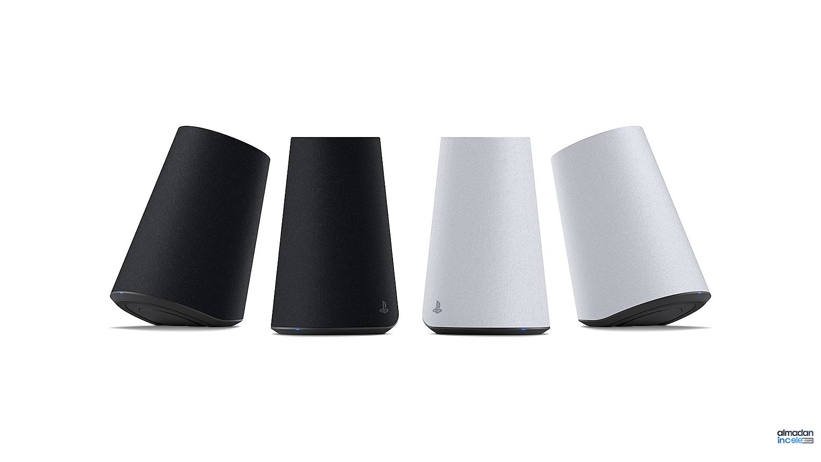 Siyah ve beyaz PlayStation Pulse Elevate kablosuz hoparlörlerin resmi ürün görünümü