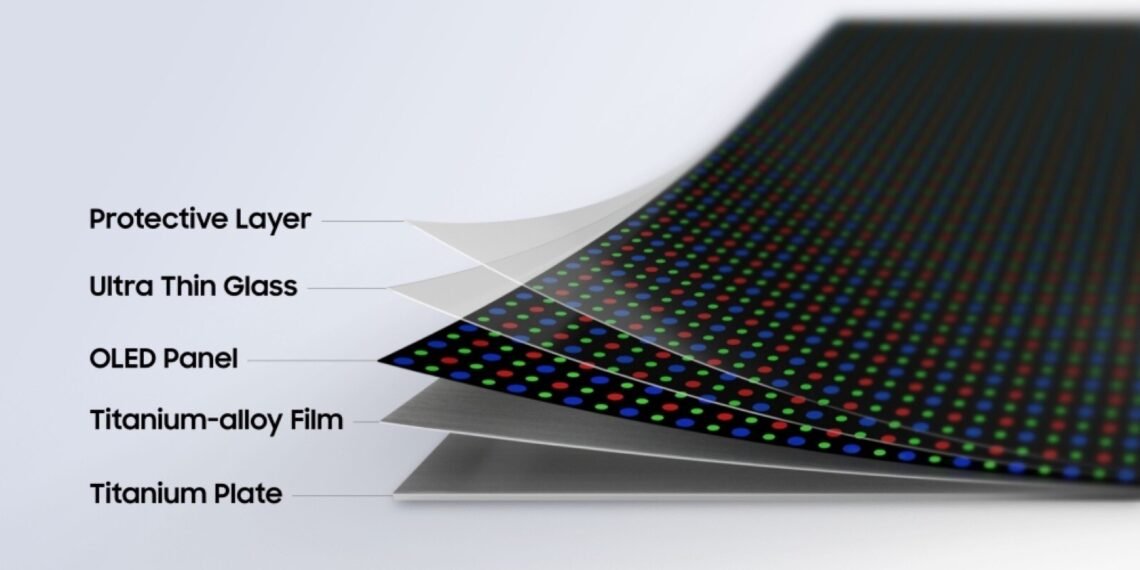 Samsung Flex Titanium katlanabilir OLED ekranın katmanlarını gösteren teknik görsel